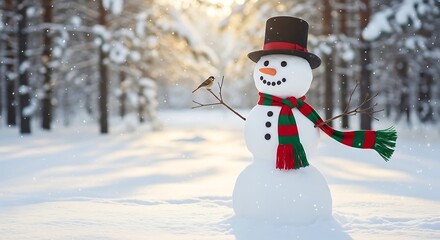 Obraz premium Cheerful Snowman Wearing Top Hat and Striped Scarf in Snowy Winter Forest