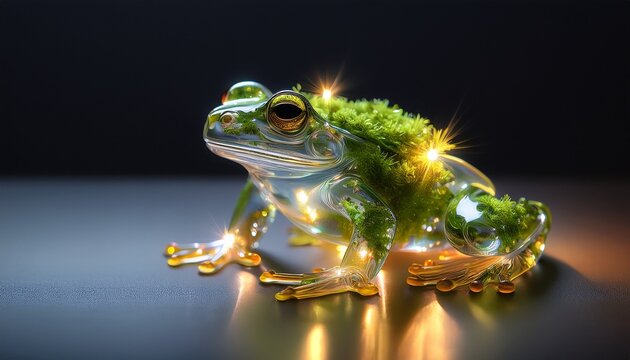 A Transparent Glass Frog Adorned With Lush Green Moss And Golden Lights Stands Delicately On A Grey Surface Viewed From A Slight Angle