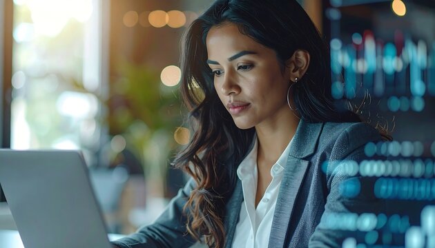 Professional Woman Working With Faint Digital Data Layer
