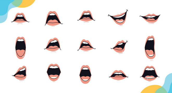 Selection of different cartoon mouth expressions and lip shapes shows a wide range of emotions from smiling and laughing to shouting.