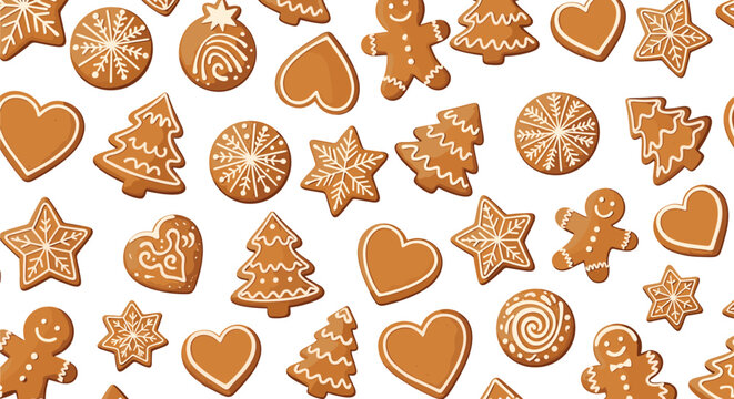 Pattern of assorted gingerbread cookies in shapes of hearts, stars, trees, and people with white icing decorations.
