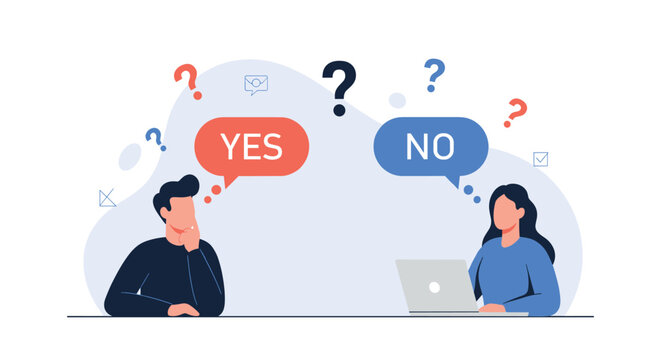 Man and woman having a conversation about different options with yes and no speech bubbles and question marks.