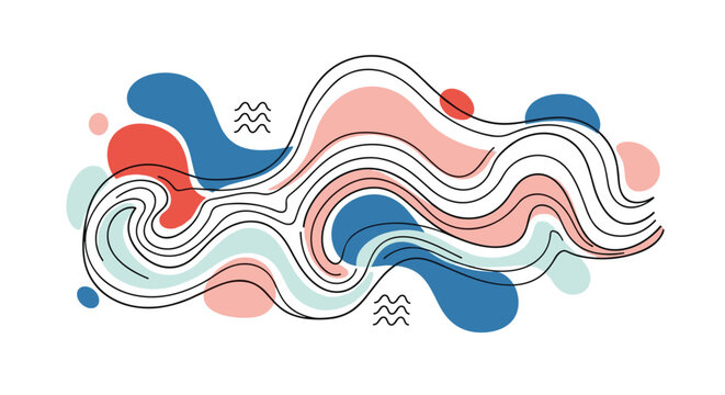 Modern abstract design featuring flowing blue peach and teal organic shapes overlaid with a series of parallel black wavy lines.