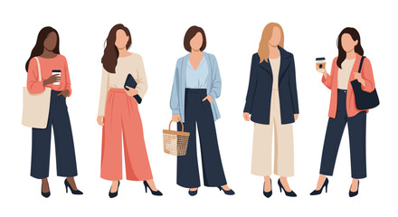 Obraz premium Group of five stylish women showcasing various business casual autumn outfits with neutral colors and modern fashion.