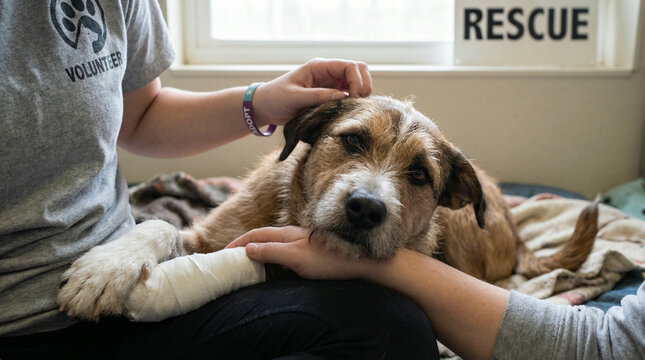 Rescue dog with injured paw being comforted by a volunteer in a shelter setting
