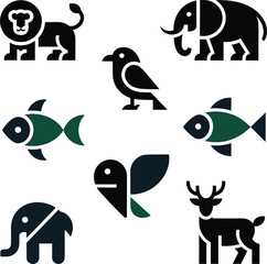 Fototapeta premium Geometric animal set of lion, elephant, bird, fish, and deer silhouettes