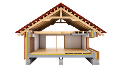 Cross-section of house showing roof structure walls insulation, and flooring © Elvin