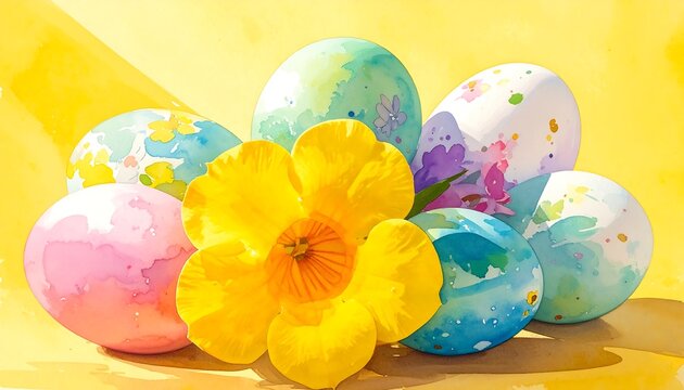 Colorful Painted Easter Eggs Arranged with Yellow Spring Flower on Bright Yellow Background