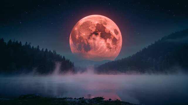 Surreal Red Moon Rising Over Foggy Lake Landscape