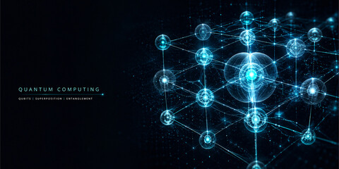 Fototapeta premium Quantum computing abstract visualization with glowing qubit lattice structure and entanglement lines on dark teal background, future technology concept background