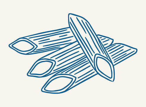 hand drawn line art illustration of dry penne pasta shapes. ink sketch doodle style of traditional Italian macaroni noodles isolated. La dolce vita for cookbook illustrations, food packaging.