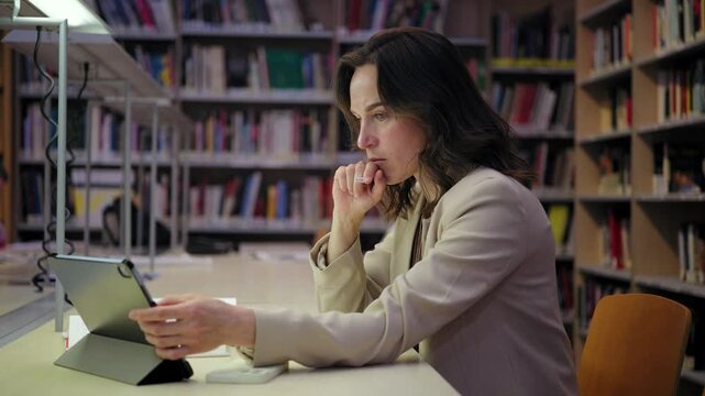 A focused middle-aged woman studies using a tablet and books, taking notes in a notebook while sitting at a desk in a public library.