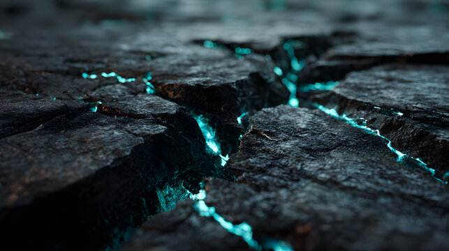 Dark volcanic rock surface with glowing blue cracks, hyper realistic texture, dramatic lighting, geological formation, mysterious and powerful atmosphere