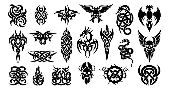 Tribal tattoo designs collection black silhouettes on transparent background