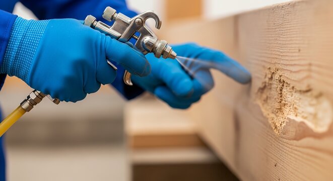 Professional exterminator applying pesticide treatment for pest control in residential setting