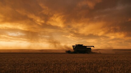 Fototapeta premium Combine Harvester Silhouette in Golden Wheat Field at Dusk