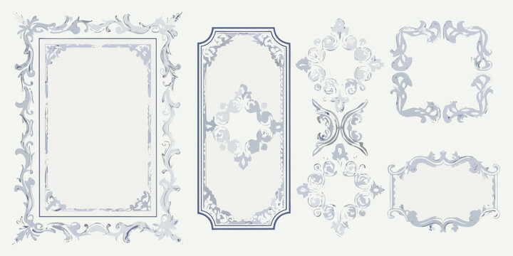 Baroque And Rococo Style Decorative Frame Gray Vector Illustration Set