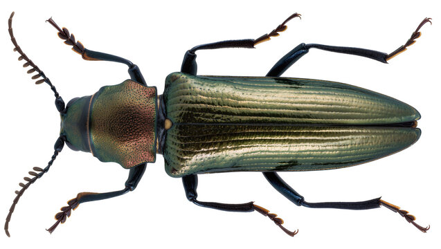 Metallic green beetle with segmented antennae and legs