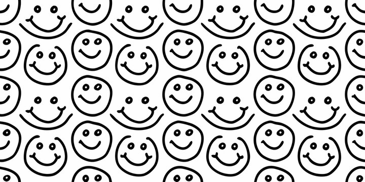 Seamless pattern of black line art smiley faces on a white background