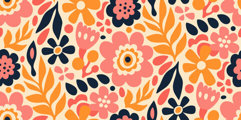 Fototapeta premium Retro floral ornament with stylized blossoms and leaves on a beige background