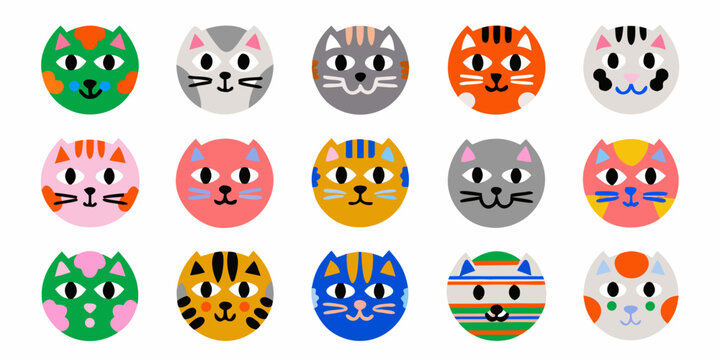 Colorful Cat Face Vector Illustration Set Twelve Variations