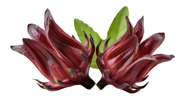 Two red roselle flowers with green leaves