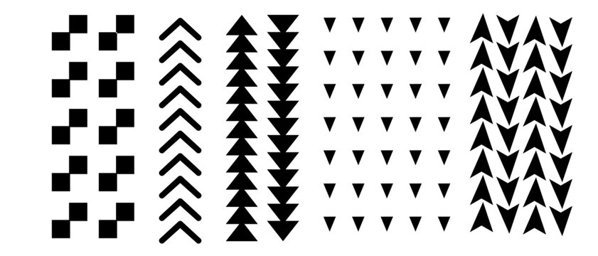 Geometric black pattern borders and chevron arrow set vector illustration. Tribal ethnic print design elements, abstract stripes, and textures for fashion and branding.