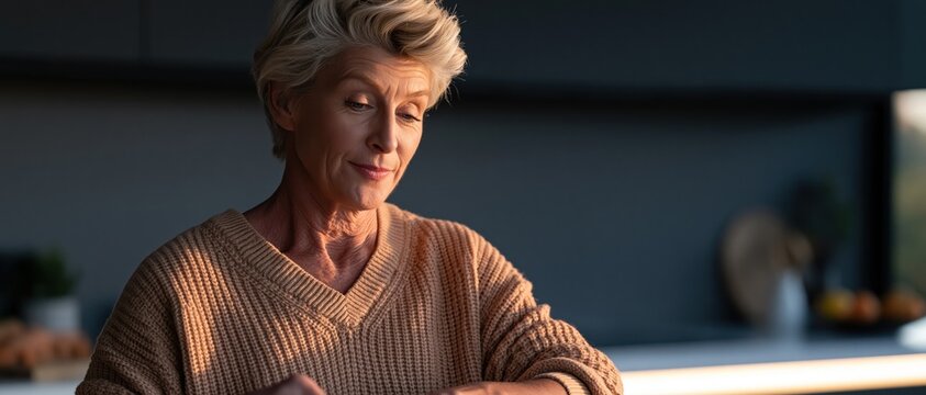 A senior woman, radiating contentment while engaging in a creative activity, symbolizing the joy of quiet evenings and self-reflection in later life stages.
