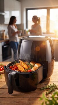 Happy family cooking healthy food together in a modern kitchen using a convenient air fryer