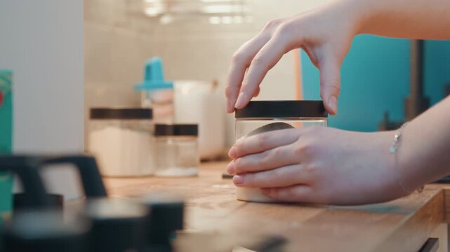 Close up hands sealing sugar jar, placing lid on glass container on wooden counter, routine pantry storage for baking, careful motion with small bracelet visible, tidy home kitchen finish
