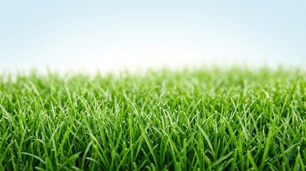 Obraz premium Vibrant Green Grass Field Background with Soft Blue Sky and Morning Dew, Nature's Freshness and Growth Concept with Ample Copy Space for Spring or Summer Design