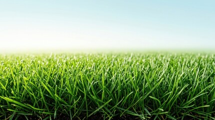Obraz premium Vibrant Green Grass Field with Bright Clear Blue Sky Background. Fresh Natural Lawn Texture, Ideal for Spring, Summer, Outdoor Concepts, Nature Backdrop, or Growth Symbol with Copy Space.