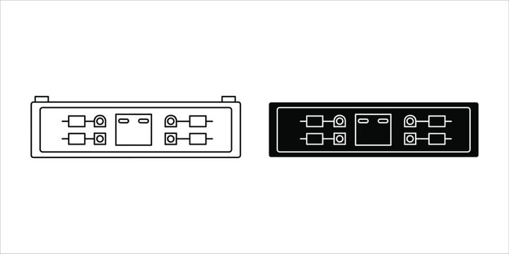 Digital audio interface with multiple inputs and outputs in line art and silhouette style on white background