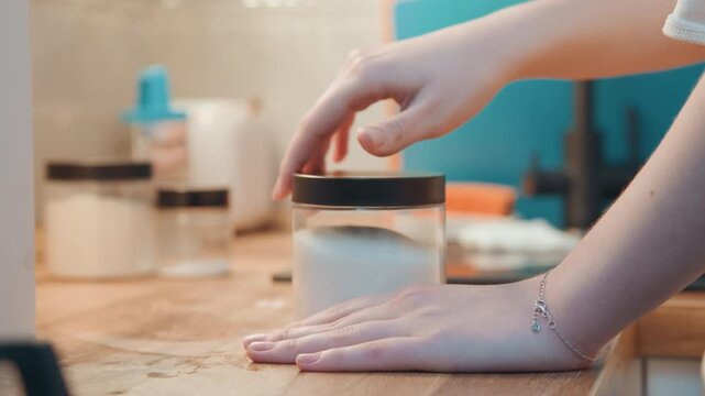 Ingredients clearly visible. Kitchen scene demonstrates ingredients in jar during baking process. Closeup of transparent jar displays contents and ingredients utilized for baking activities