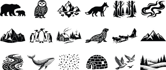 Black silhouette illustration set of Arctic wildlife, ice landscapes, igloos, snowflakes, and cold climate lifestyle scenes © Abujh