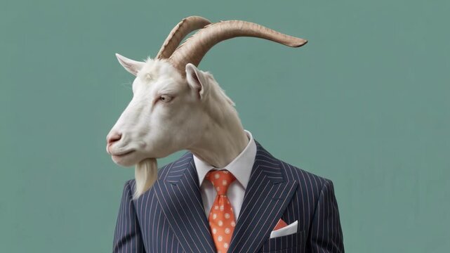 Surreal goat businessman in pinstripe suit, anthropomorphic animal executive, professional goat boss