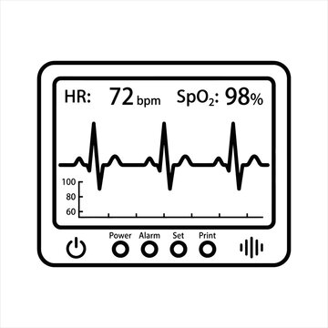 Medical heart rate monitor icon showing vital signs electrocardiogram wave with pulse and blood oxygen saturation levels flat vector illustration