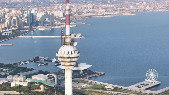 Aerial drone view of the TV tower in Baku, Azerbaijan Drone, modern cityscape skyline