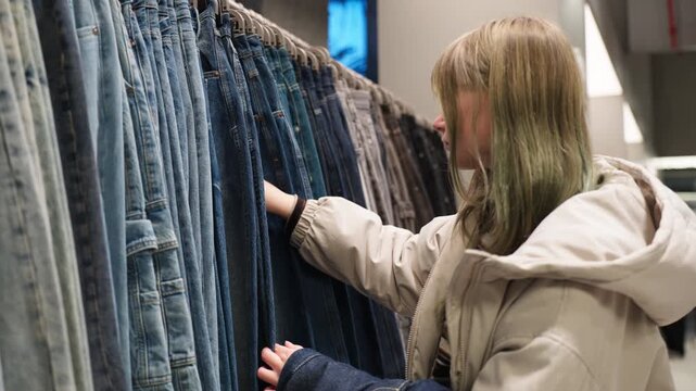 Teenage girl choosing denim jeans in clothing store, shopping for casual wardrobe essentials and everyday outfits during fashion retail visit.