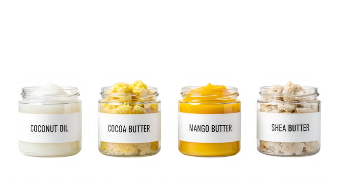 Four jars of natural skincare products with different ingredients and labels  transparent  background