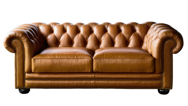 Brown leather chesterfield sofa with tufted back and nailhead trim