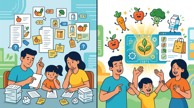 Flat vector split screen illustration depicting a family stressed by grocery budgeting and messy bills versus a happy family using a digital app for healthy meal planning and shopping.