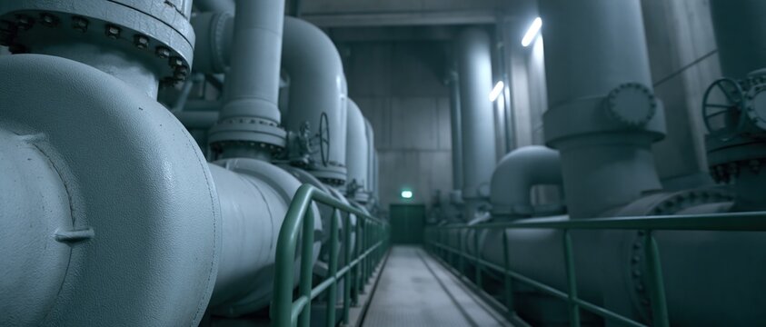 A modern industrial facility showcasing a network of large, gray pipes and machinery, emphasizing the complexity and scale of contemporary manufacturing environments.