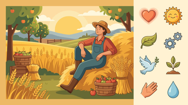 Contemporary flat vector illustration featuring a female farmer in overalls resting on a haystack in a scenic wheat field with apple trees, baskets of fruit, and rural icons at sunset.