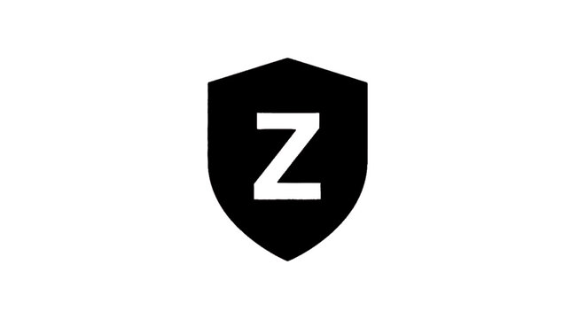 Minimal black silhouette icon, simple flat vector, bold black shape, no, no shading letter z logo icon inside a shield shape on a, flat icon style