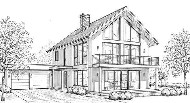Architectural line drawing of a contemporary two-story home featuring large windows, a double garage, and a spacious balcony.