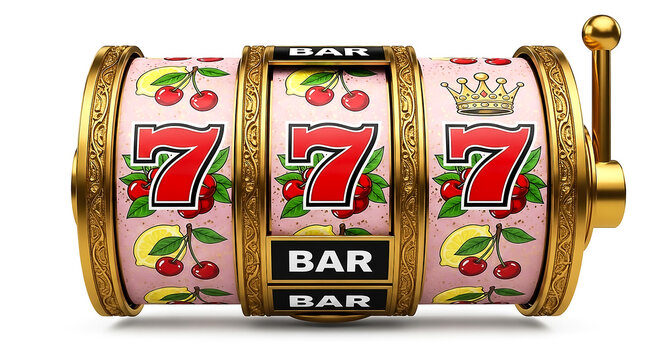 A decorative slot machine replica featuring classic symbols like cherries, triple 7s, and BAR, with ornate gold and pink design.