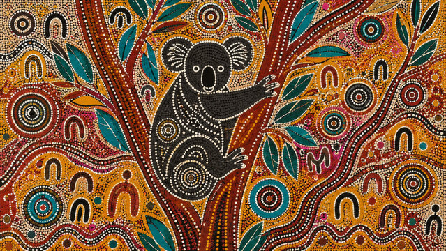 Traditional Australian Aboriginal Dot Painting Koala Art Print, Flat Ochre Painting on Raw Linen for Global Nomadic Decor