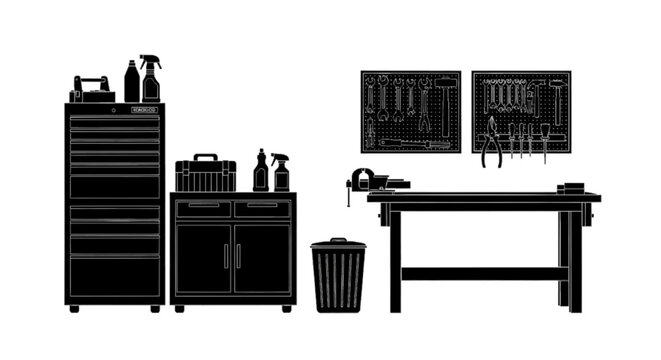 Minimal black silhouette icon, simple flat vector, bold black shape, no, no shading workshop interior with workbench, tool cabinet, and wallmounted tool boards on a, flat icon style