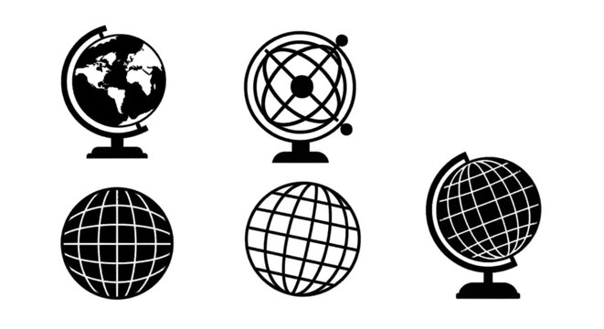 Minimal black silhouette icon, simple flat vector, bold black shape, no, no shading set of globe icons, world map and grid spheres on a, flat icon style
